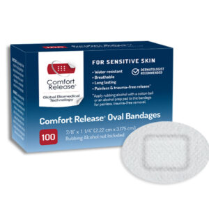 Waterproof oval Comfort Release bandage for contoured areas and sensitive skin