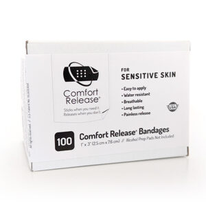 Waterproof Comfort Release 100-count bandage pack for clinical and caregiver use